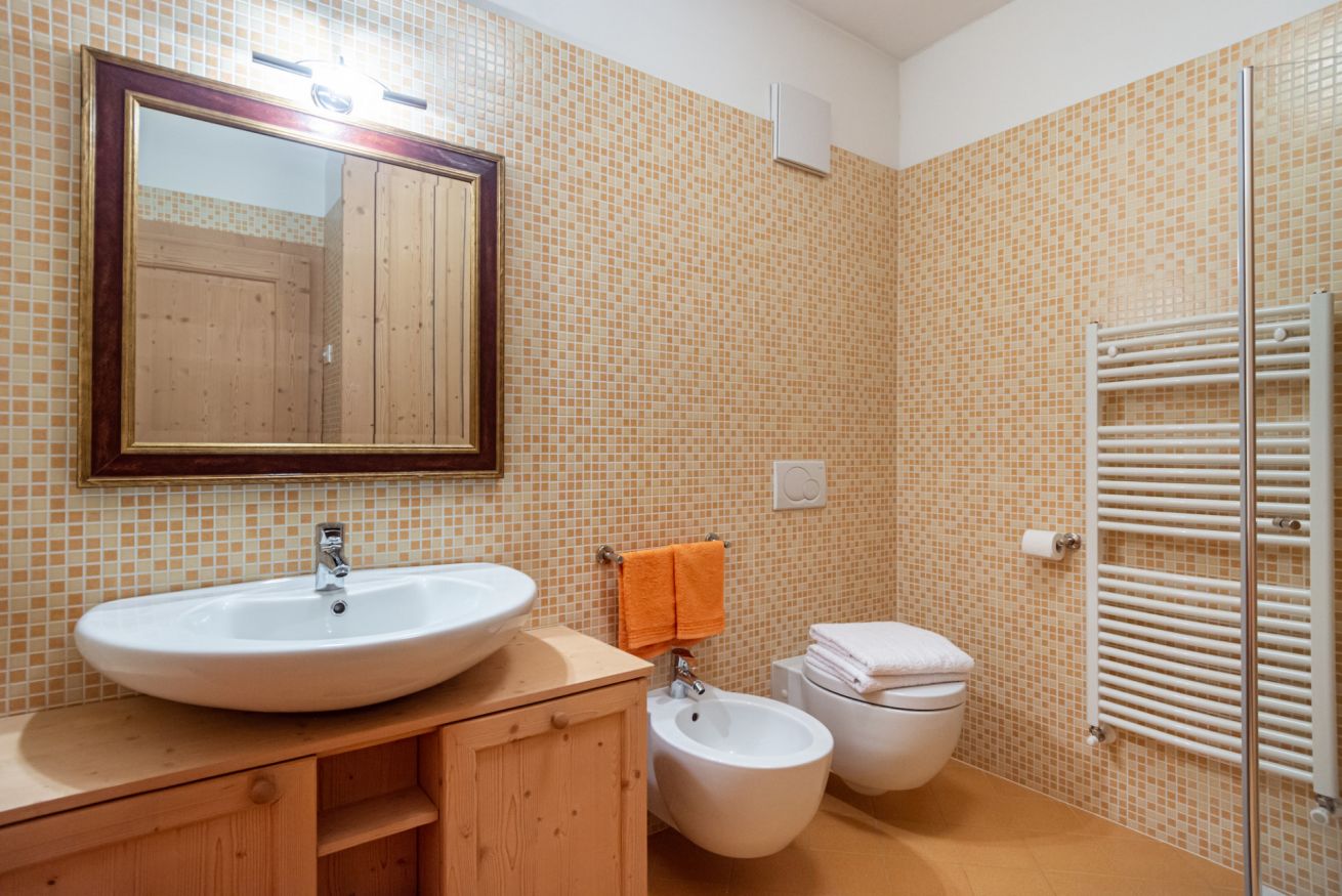 Bagno dell’appartamento Val Moena con lavabo, sanitari e doccia